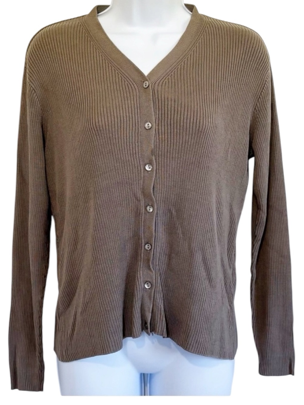 Casual Corner 100% Silk Ribbed Cardigan Sweater Taupe Button Front Women’s Large